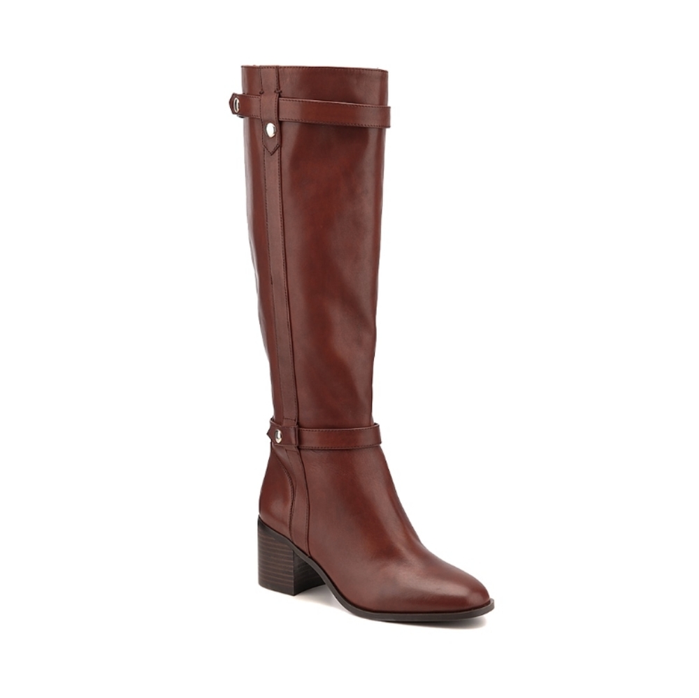 Genuine leather block heel tall boot